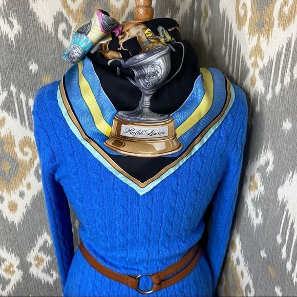 Ralph Lauren Black Label Sweaters - Ralph Lauren Blue Cashmere Mitered Cable Knit V-Neck Long Sleeve Sweater